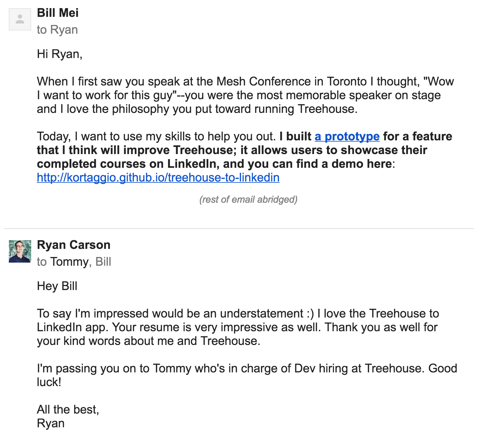 The email I sent to Treehouse to apply for a job
